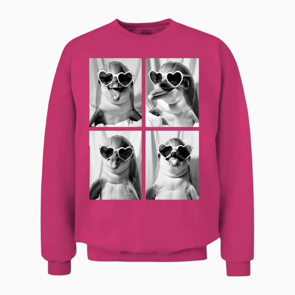 Lunettes De Soleil Drôles De Dauphins Avec Cœurs Pour La Saint-Valentin Manche Longue Unisex Sweatshirt in Heliconia