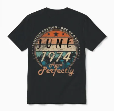 June 1974 Vintage Birthday Present Unisex T-Shirt - Black