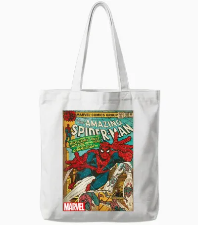 Marvel Spider-Man Vintage Comic Cover T-Shirt, Black Tote Bags - White