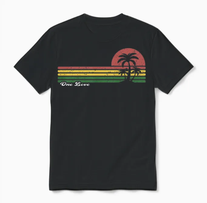One Love Reggae Rasta Vintage Sunset Palm Trees Island Unisex T-Shirt in Black