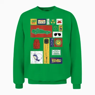 Back to the Future 35th Anniversary Icon Panels T-Shirt, Black, S Unisex Sweatshirt - Irish Green