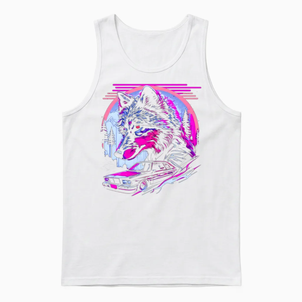 Retro Synthwave Gangster Wolf Unisex Tank Top in White