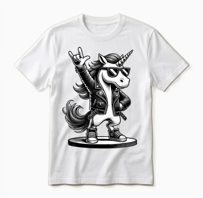 Rock Music & Heavy Metal Rocker, Funny Unicorn Rockhand T-Shirt, Black Unisex T-Shirt in White