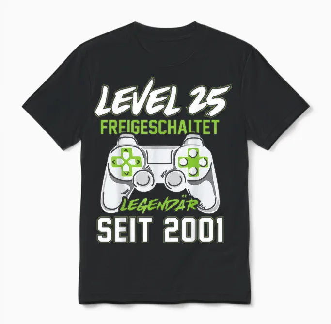 Level 25 Geburtstag Junge Gamer Mann Deko Jahrgang 2001 Unisex T-Shirt in Black