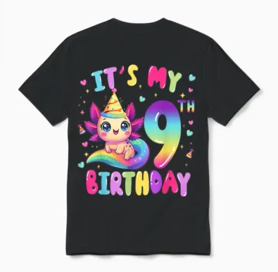Es Ist Mein 9. Geburtstag, Axolotl Rainbow, 9 Jahre, Mädchen, Kinder Unisex T-Shirt - Black