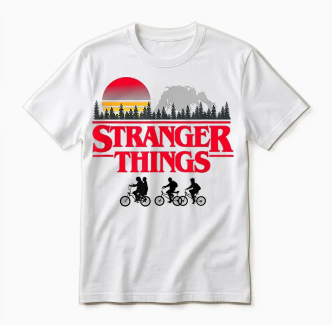 Stranger Things Retro Vintage Sunset Group Bike Silhouettes Unisex T-Shirt in White
