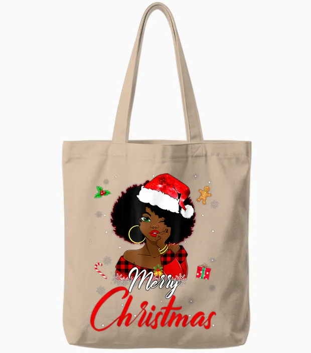 Black African Girl American Melanin Christmas Santa Hat Xmas Tote Bags in Natural