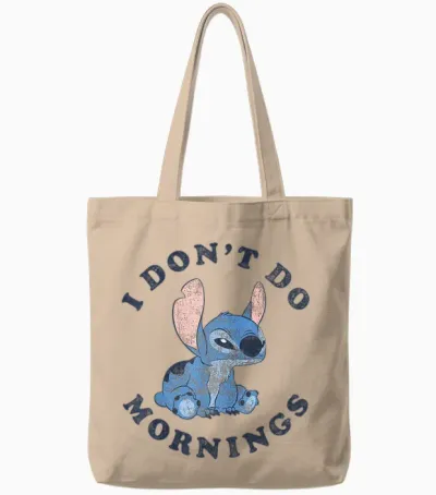 Disney Lilo & Stitch I Don't Do Mornings Distressed V2 Tote Bags - Natural
