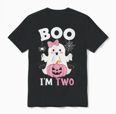 Ghost Boo I'm Two Year 2nd Birthday Girls Halloween Groovy Unisex T-Shirt - Black