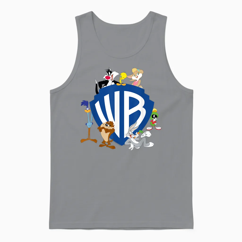 Wb 100: Looney Tunes Wb Shield Logo with Bugs, Taz, Tweety T-Shirt, Gray Unisex Tank Top in Sport Grey