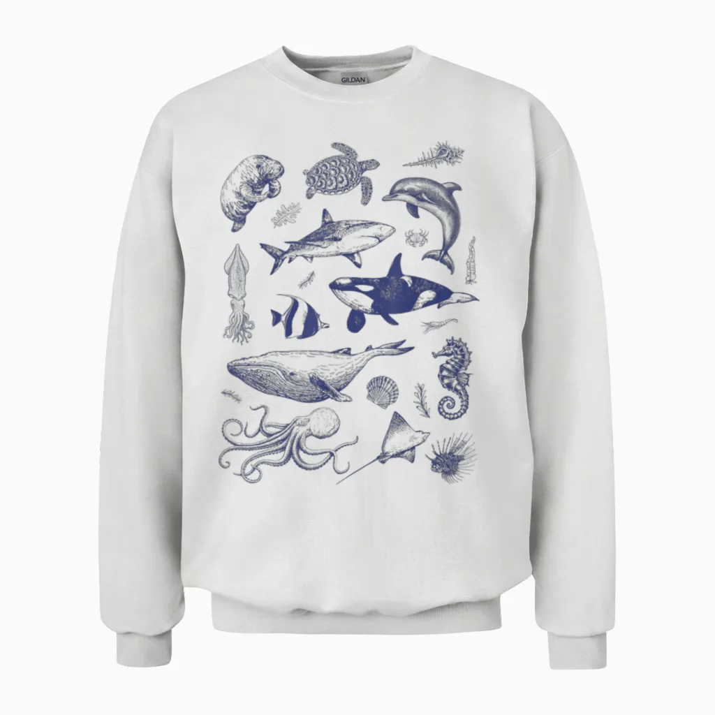 Ocean Wildlife Vintage Shark Turtle Octopus Graphic Tees Unisex Sweatshirt in White