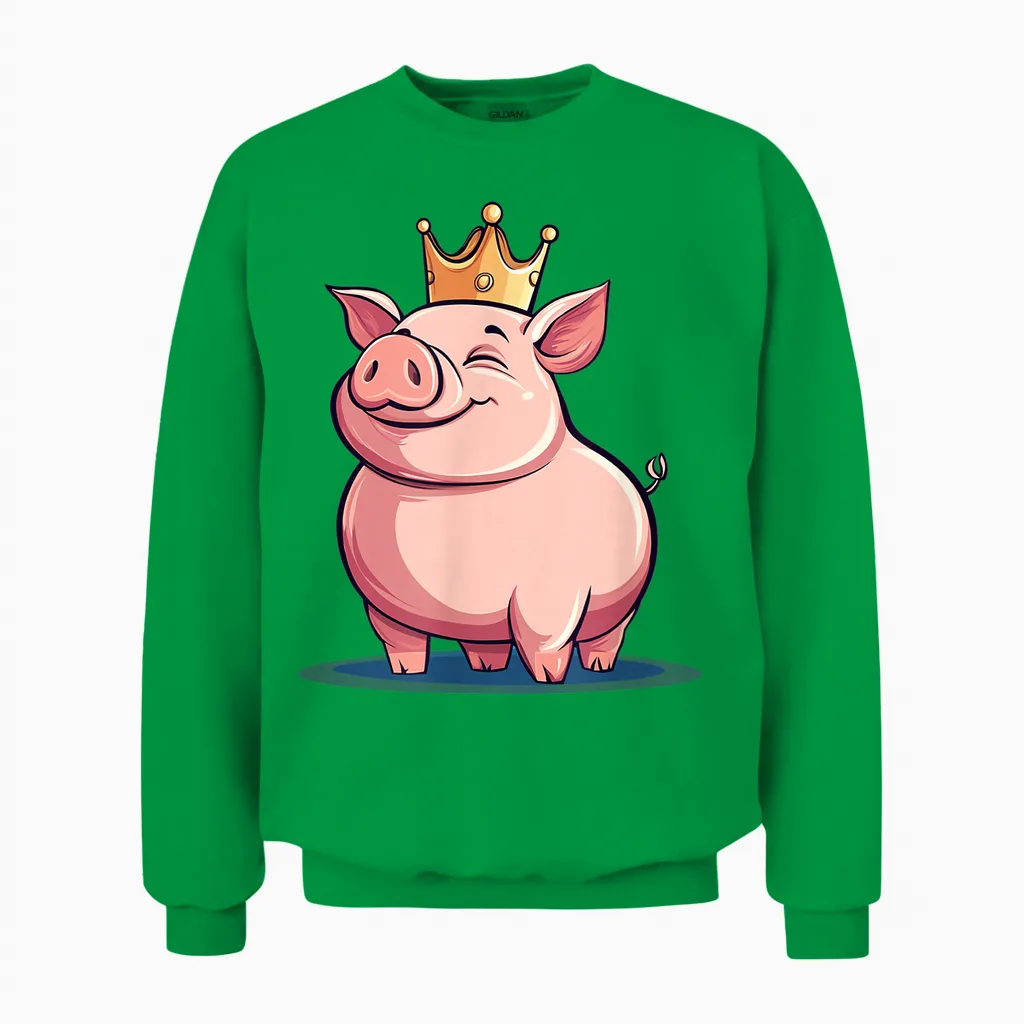 Funny Pig with Crown for Royal Smile T-Shirt, Black, S Unisex Sweatshirt in Irish Green
