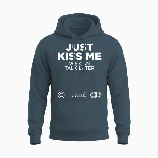 Just Kiss Me We Can Talk Later Love Valentine's Day Backprint T-Shirt, Black Unisex Hoodie in Dark Heather