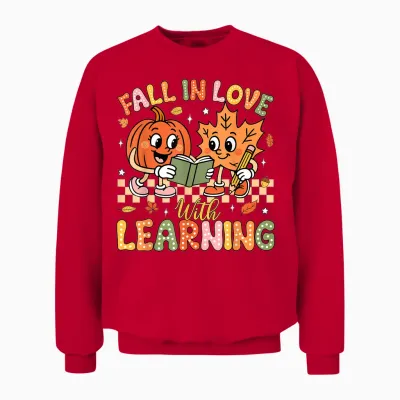 Retro Fall in Love with Learning Autumn Pumpkin Teacher Unisex Sweatshirt - Red