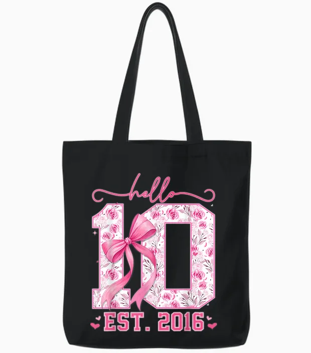 Hello Ten Est 2016 Pink Coquette Bow 10th Birthday Girls Tote Bags in Black