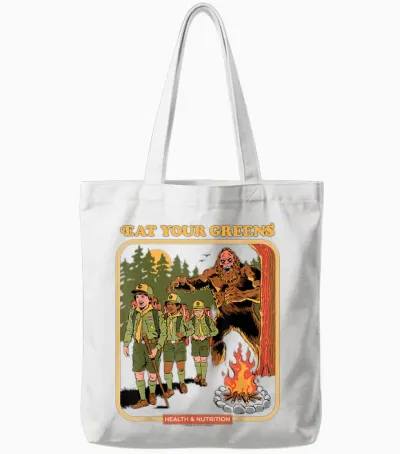 Eat Your Greens Bigfoot Sasquatch Retro Funny Adult Humor Tote Bags - White