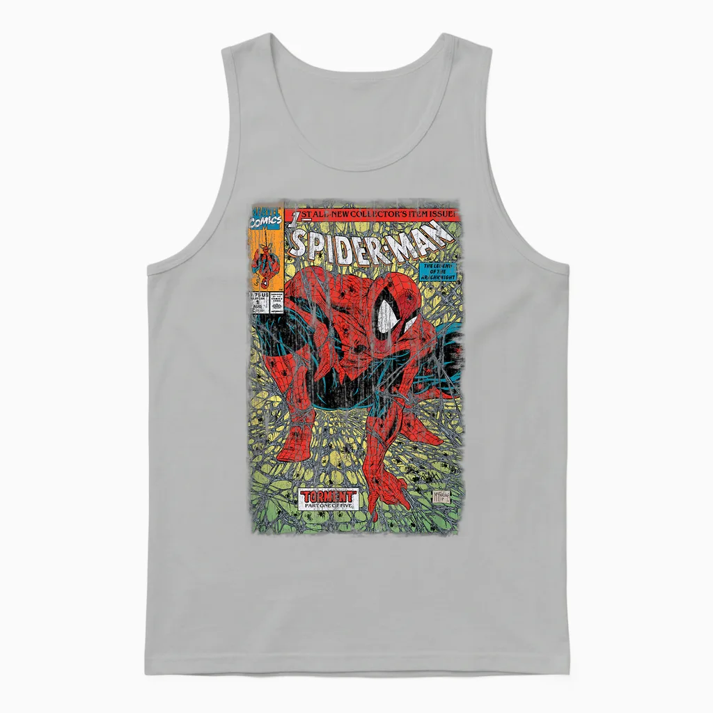 Marvel Comics Retro Classic Spider-Man Torment Distressed Unisex Tank Top in Ash