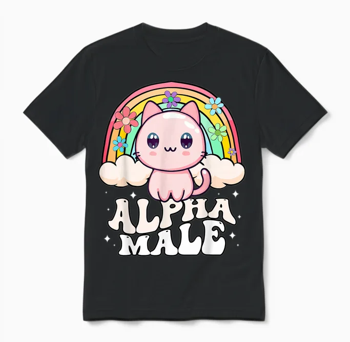 Alpha Männliche Katze Kätzchen Regenbogen Unisex T-Shirt in Black