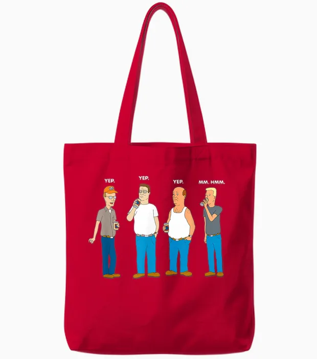 King of the Hill Yep Yep Yep Mm Hmm Tote Bags in Red