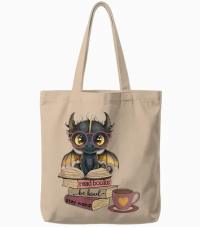 Funny Dragon Read Books Be Kind Stay Weird Book Lover Tote Bags - Natural