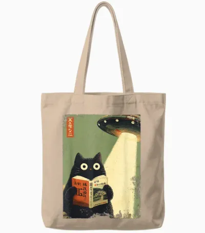 Vintage Japanese Cat Book for Ufo Lovers Alien Abduction Tote Bags - Natural