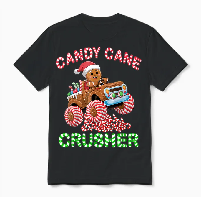 Kids Christmas Gingerbread Candy Cane Crusher Monster Truck Unisex T-Shirt in Black