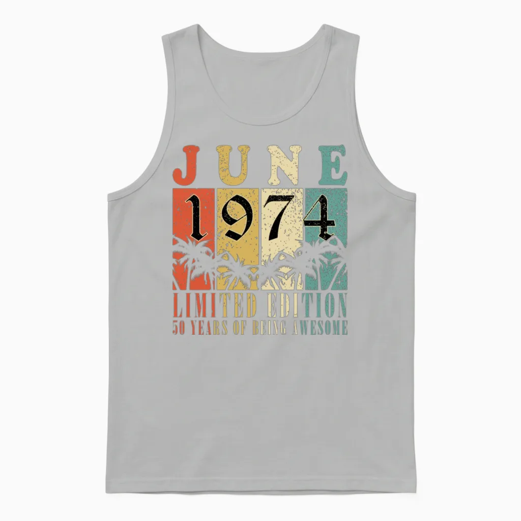 June 1974 Vintage Birthday Present Unisex Tank Top in Ash