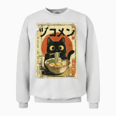 Kawaii Cat Eating Noodles Ramen Funny Vintage Anime Japanese Unisex Sweatshirt - White