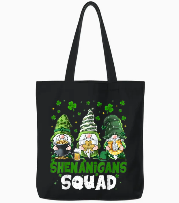St Patricks Day Gnomes Shenanigans Squad Saint Pattys Women Tote Bags in Black