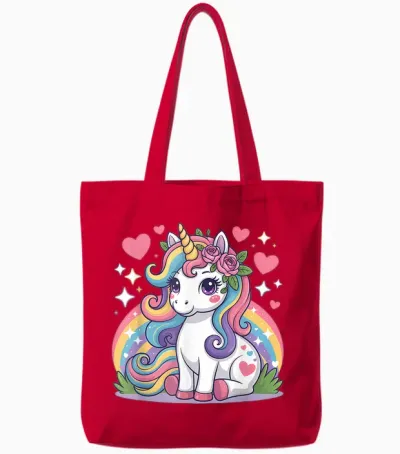 Super Cute Unicorn with Rainbow and Stars Unicorn Tote Bags - Red