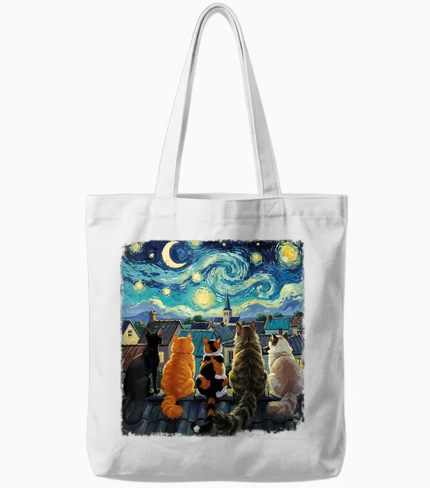 Funny Cat Starry Night Van Gogh Cats Rooftop Scene Feline Tote Bags in White