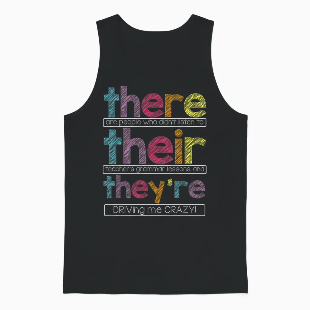 There Their They're English Grammar Teacher Funny Humor T-Shirt Small Unisex Tank Top in Black