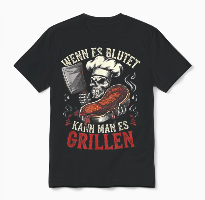 T-Shirt with German Text "wenn Es Blutet Kann Man Es Grillen, Black Unisex T-Shirt in Black
