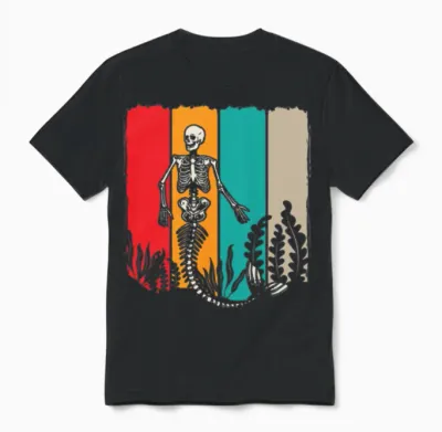 Skeleton Mermaid Retro Unisex T-Shirt - Black