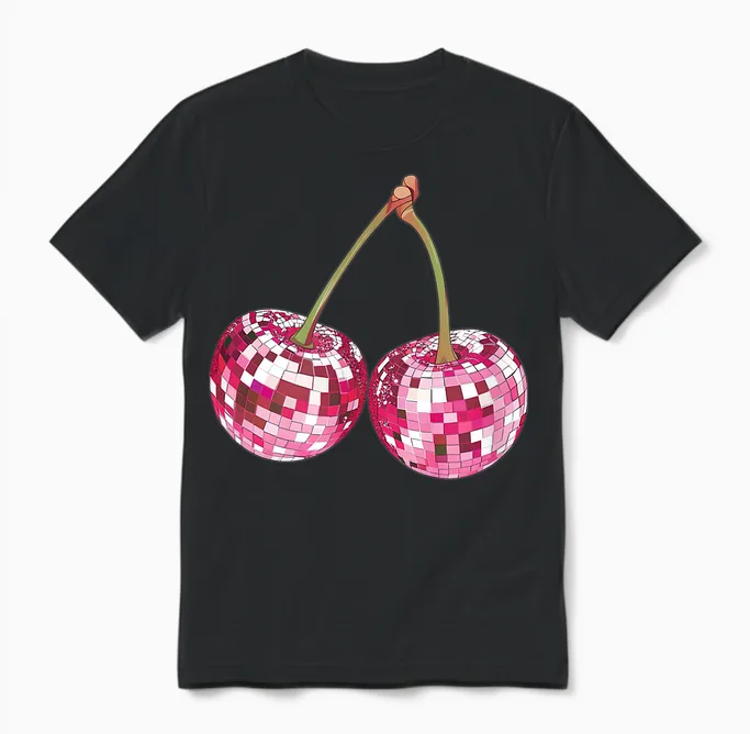 ästhetischer Trendiger Y2k-Disco-Kugel Mit Kirsche, Für Damen, Girly Unisex T-Shirt in Black
