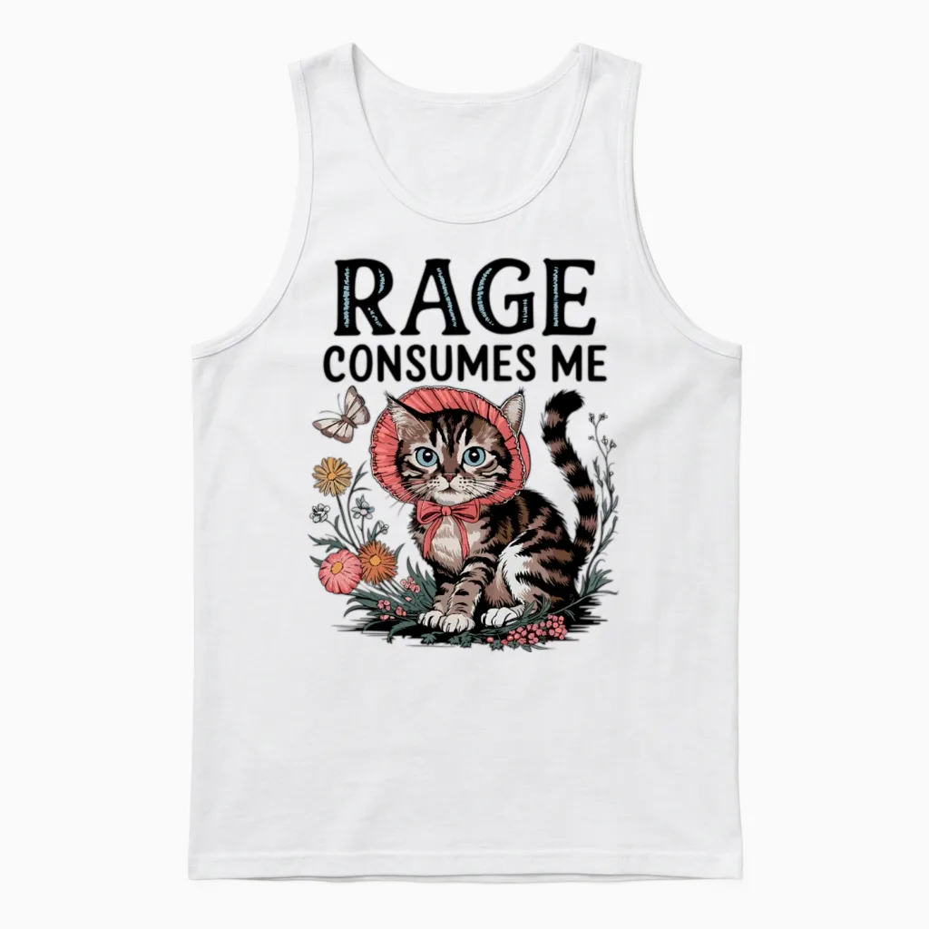 Rage Consumes Me Funny Cat Meme Unisex Tank Top in White