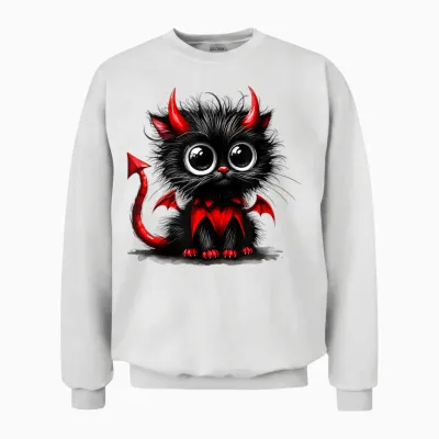 Süße Katze Kätzchen Halloween Schwarz Teufel Cartoon T-Shirt, Black Unisex Sweatshirt - White