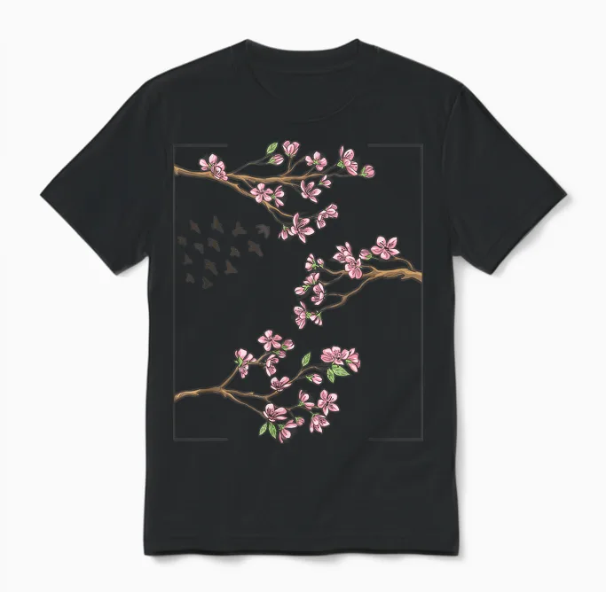 Japanese Cherry Blossom Aesthetic Anime Cherry Blossom Sakura T-Shirt, White Unisex T-Shirt in Black