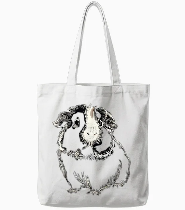 Adorable Meerschweinchen-Linienzeichnung, Niedliches T-Shirt, Black Tote Bags in White