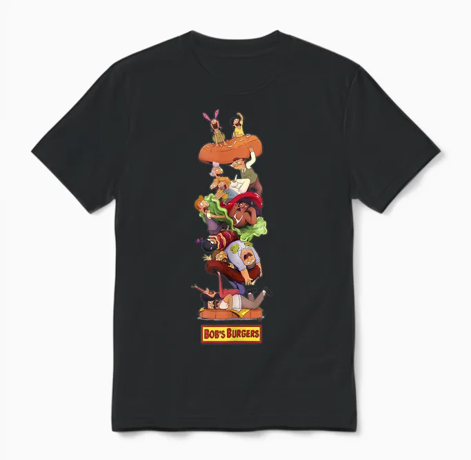 Bob's Burgers Group Shot Burger Stack Unisex T-Shirt in Black