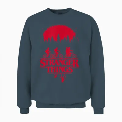 Stranger Things Group Shot Bike Ride Upside Down Silhouette Unisex Sweatshirt - Dark Heather