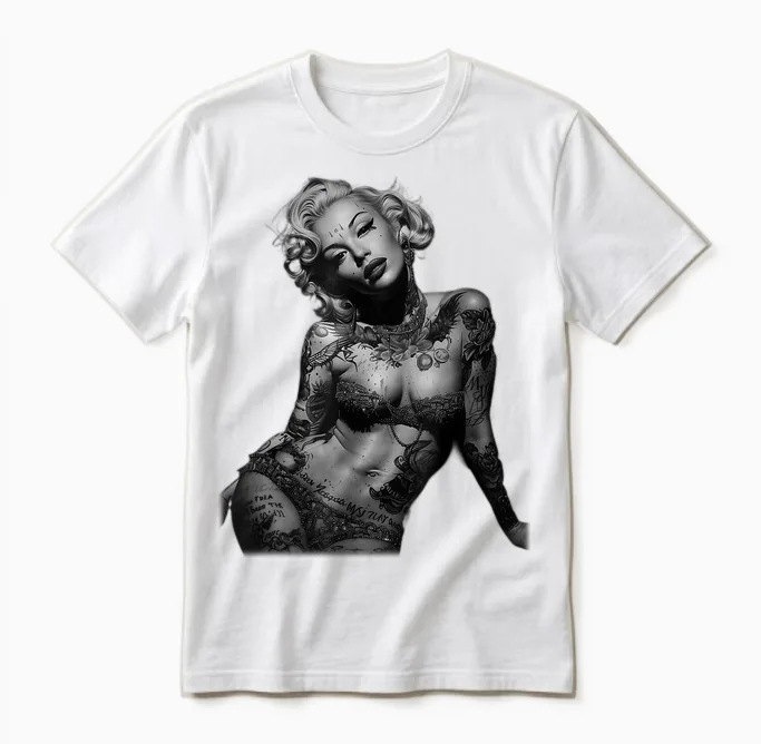 Retro Pinup Sexy Tattoo Girl T-Shirt, Black Unisex T-Shirt in White