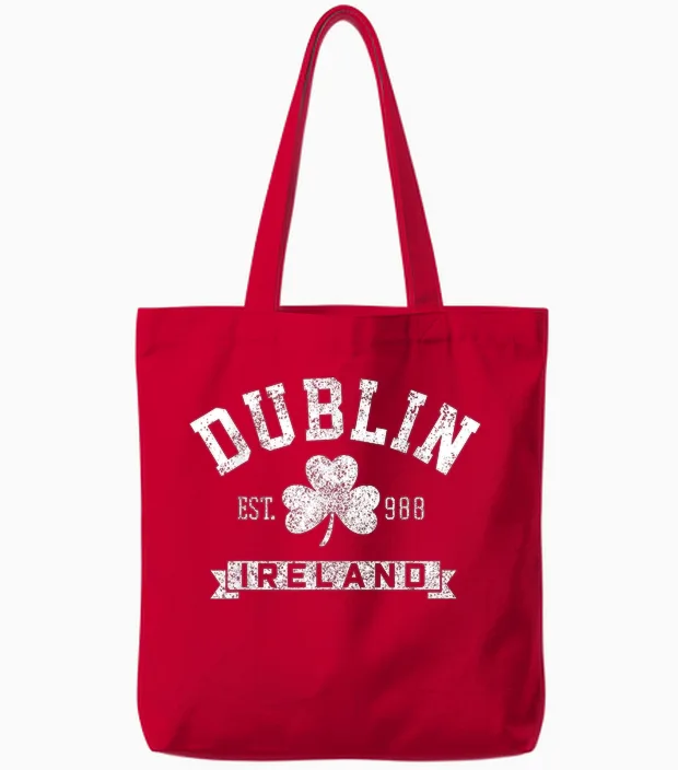 Dublin Ireland Shamrock Irish St Patrick's Day Dark Green Tote Bags in Red