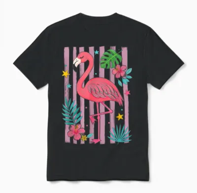 Motif Flamant Rose Tropical été Floral Rayé Plage Unisex T-Shirt - Black