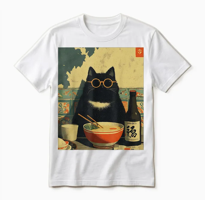 Japanese Cat Vintage Ramen Cat Dad Retro Funny Graphic Unisex T-Shirt in White