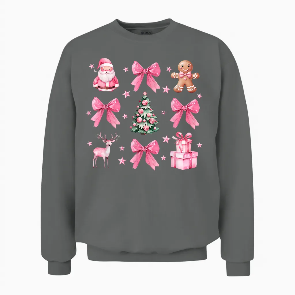 Cute Coquette Bow Pink Christmas Tree Santa Gingerbread Xmas Unisex Sweatshirt in Graphite Heather