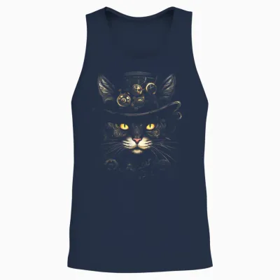 Steampunk Cat T-Shirt, Black Unisex Tank Top - Navy
