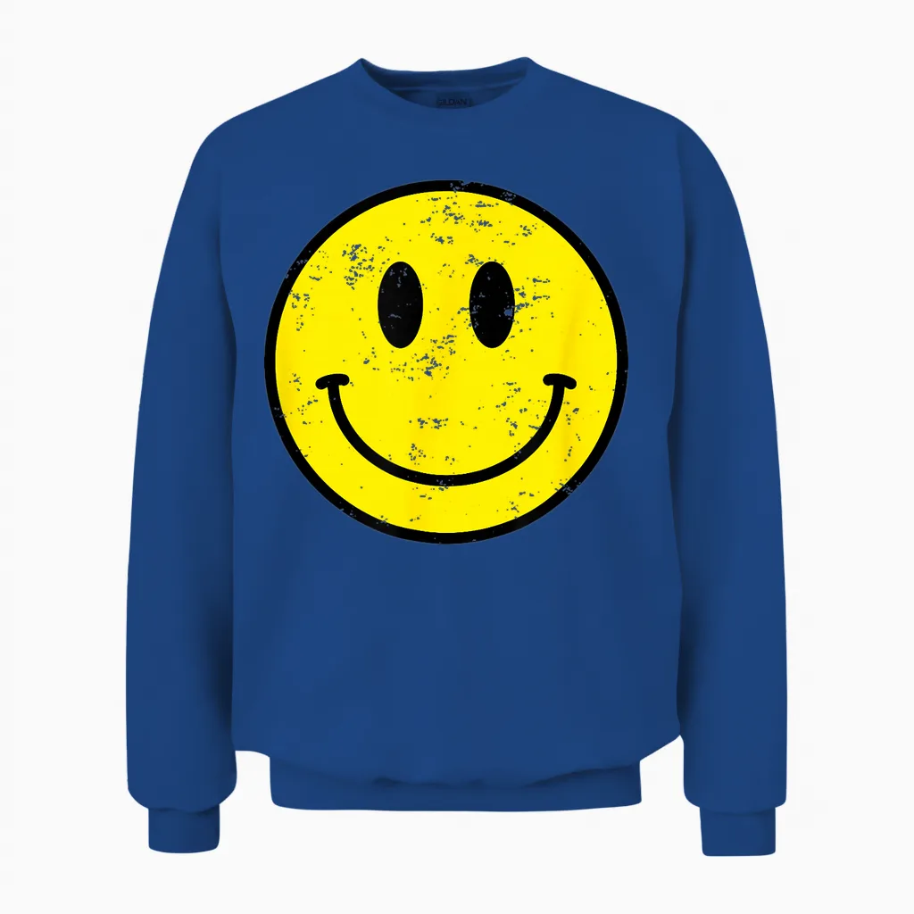 Retro 70s 80s Happy Face Yellow Smile Face Funny Vintage T-Shirt, Black Unisex Sweatshirt in Royal