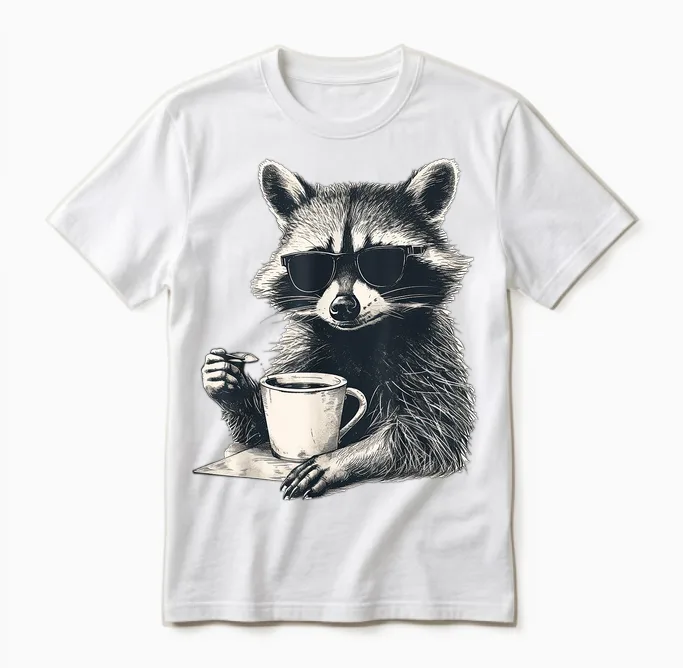 Cool Raccoon with Sunglasses with Cup Coffee Raccoon T-Shirt, White Unisex T-Shirt in White