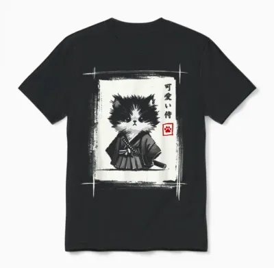 Samurai Cat Japanese Art Sumi-E Novelty Kawaii Funny Cat Unisex T-Shirt - Black